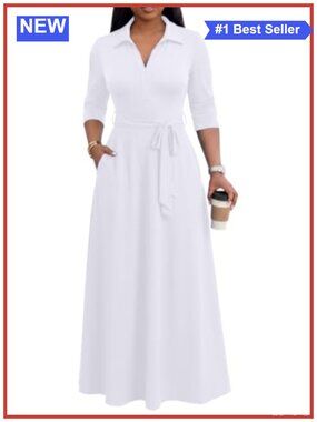 Maxi Dress Women V Neck 3/4 Sleeve Long Semi Formal Pockets